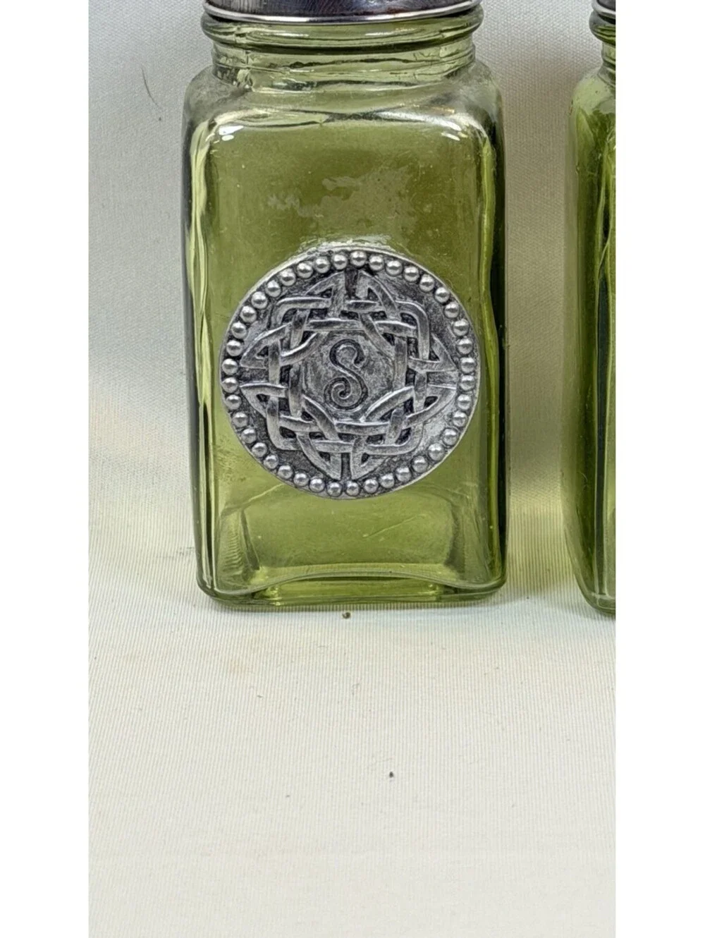 Grasslands Road Celtic Salt And Pepper Shaker Green Glass, Pewter